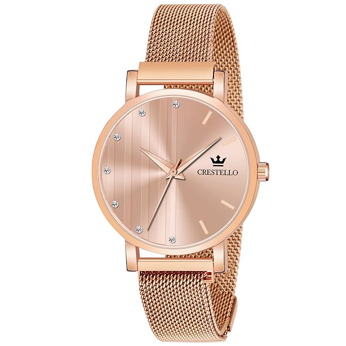 CRESTELLO Rose Gold Plated Mesh Chain Analog Wrist Watch