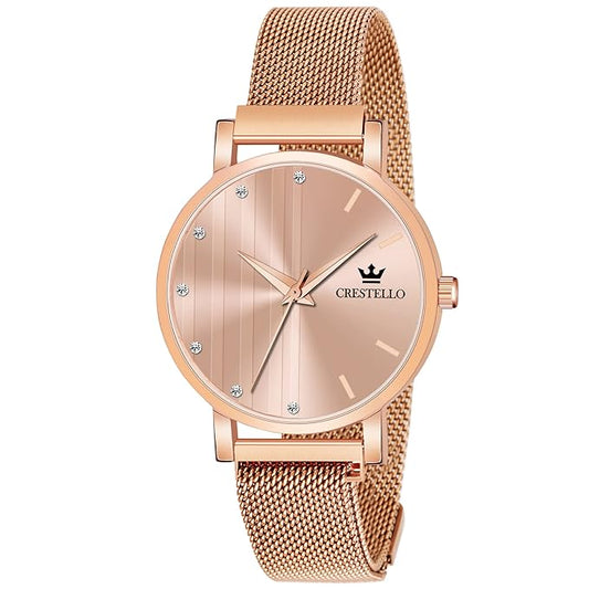 CRESTELLO Rose Gold Plated Mesh Chain Analog Wrist Watch